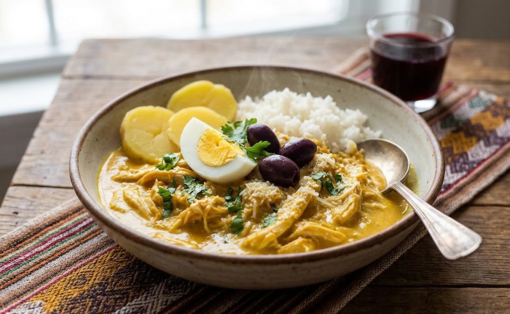 Ají de gallina. Shredded chicken is cooked in a creamy yellow sauce made from ají amarillo, bread, milk, cheese, and nuts,