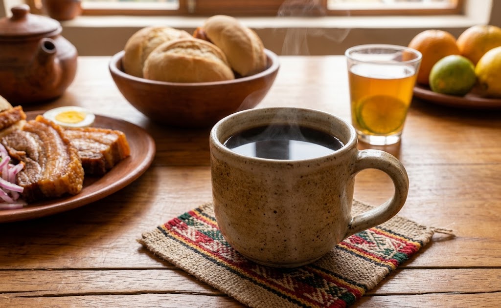 Cup of freshly brewed Café Peruano served with breakfast