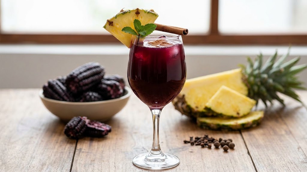 Chicha Morada, made from purple corn and fruit,