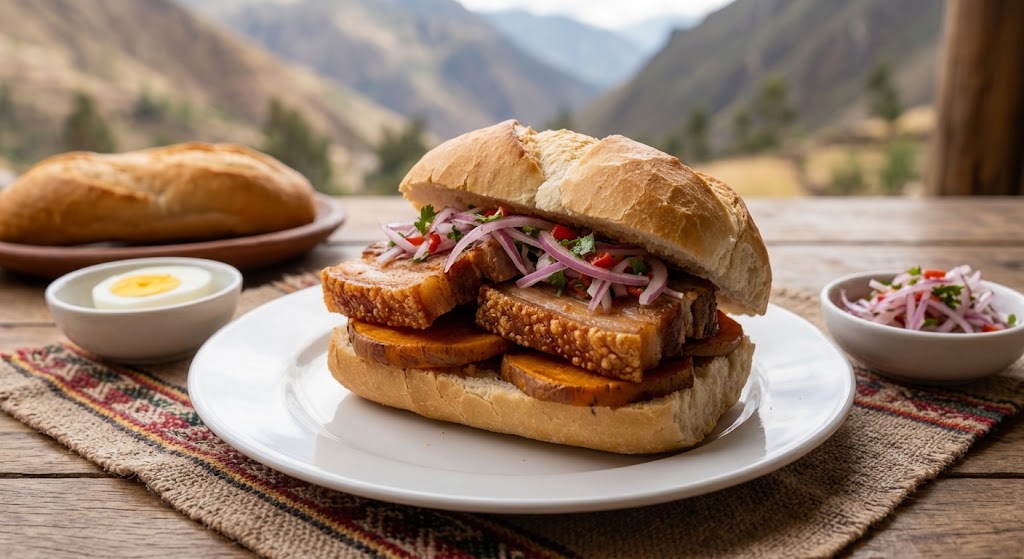 Pan con chicharrón sandwich with crispy fried pork, sweet potato, and pickled red onion salsa in a bread roll