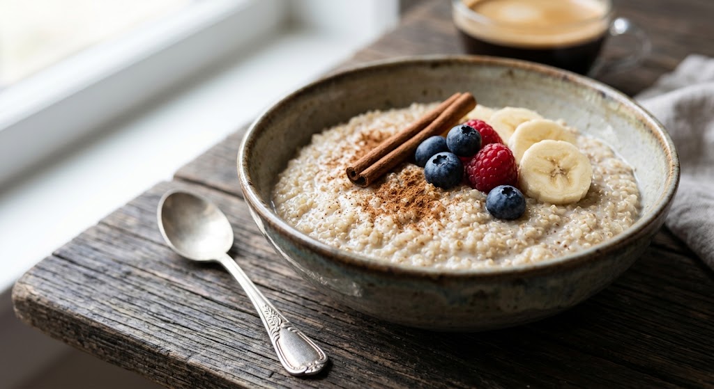 Warm Peruvian quinoa porridge topped with cinnamon and fresh fruit