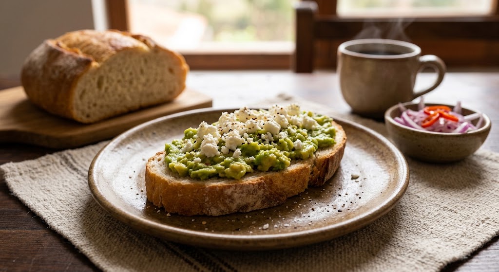 Fresh Peruvian bread topped with mashed avocado