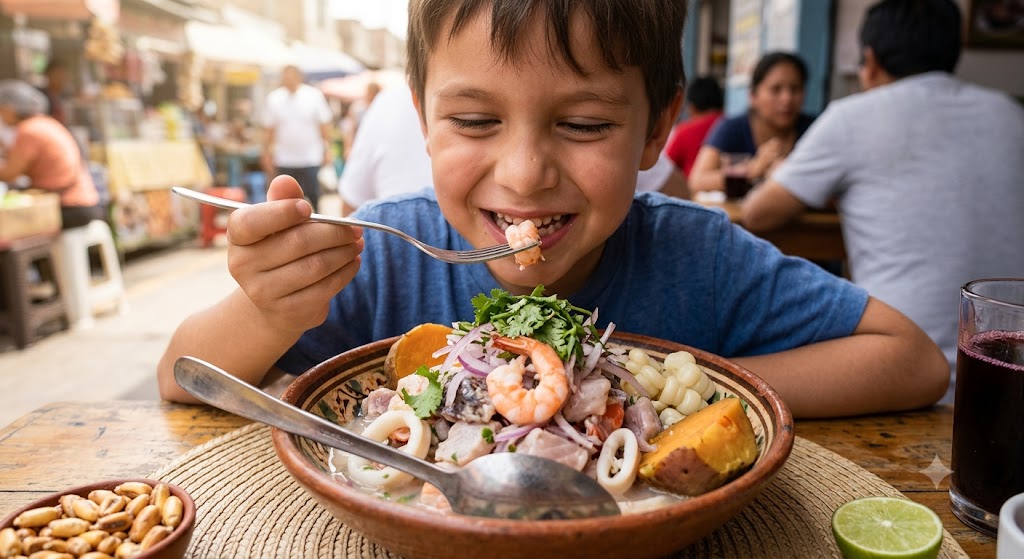ceviche mixto eating a boy with joy