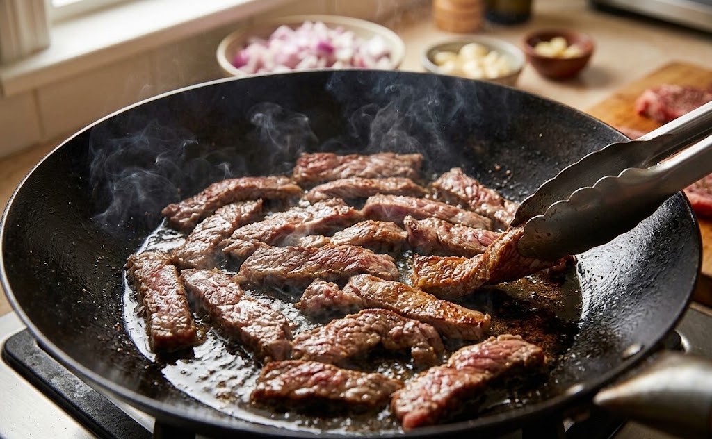 frying the meat in low heat for making noodles 