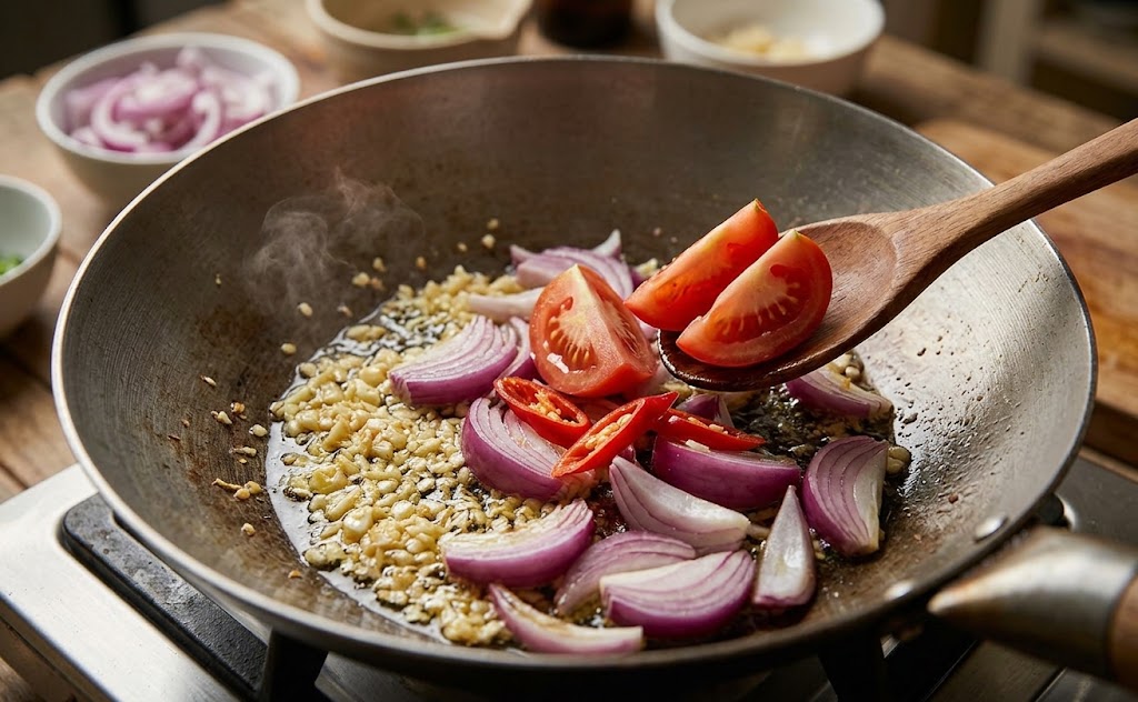 frying vegetables for Saltado peruvian Noodles