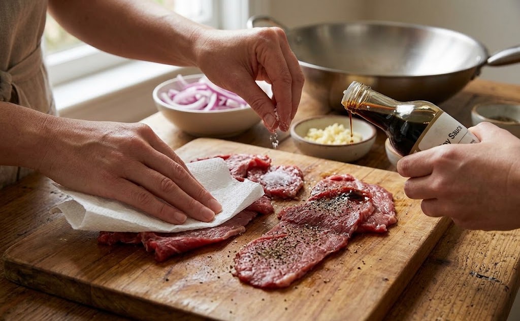 seasoning the meat for peruvian saltado noodles
