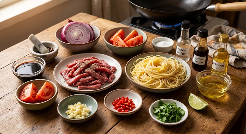 Ingredients for the peruvian Saltado Noodles Recipe