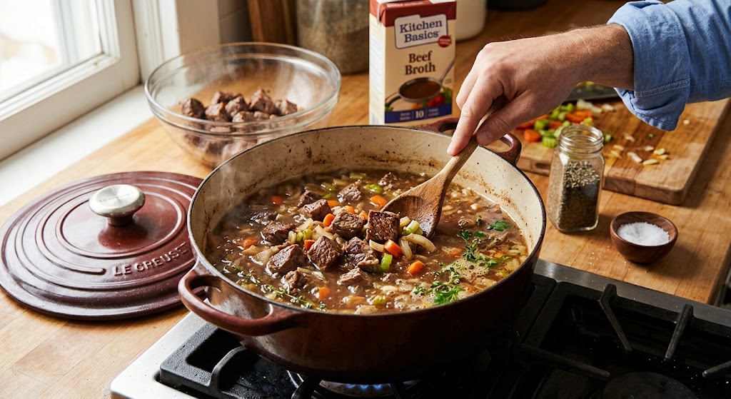 Beef and broth for Sopa Criolla