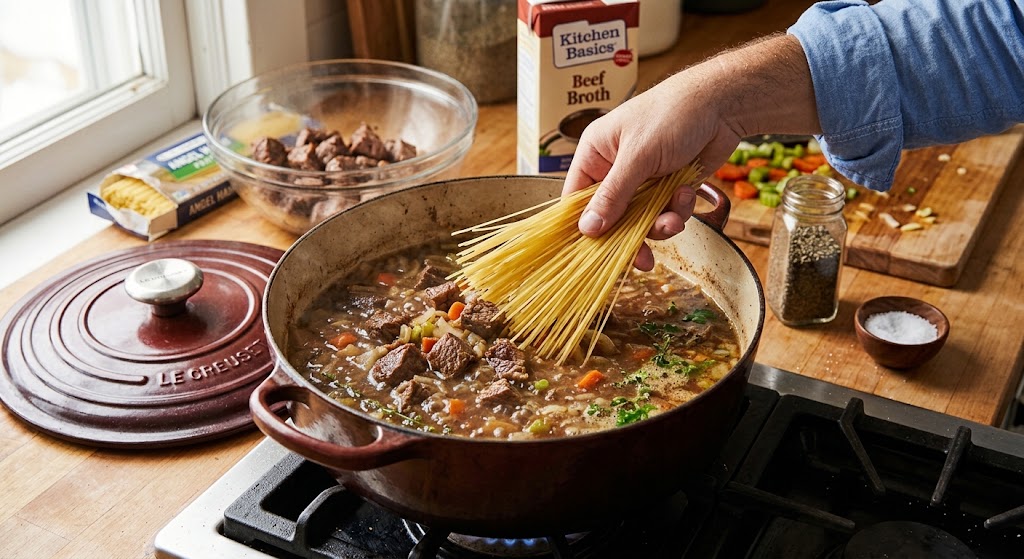 Angel hair noodles in Sopa Criolla