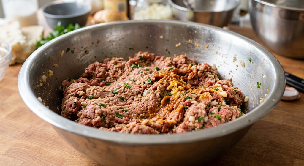 Mixing ground beef and seasonings in a large bowl for Peruvian meatloaf