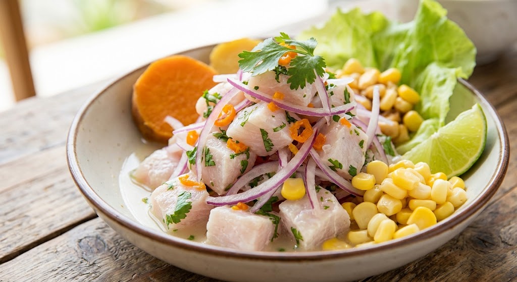 Corn is often placed on the side or mixed into the ceviche