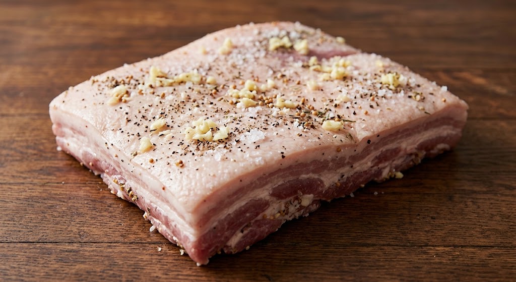 raw pork belly chicharrón cut into bite-sized pieces on a wooden board