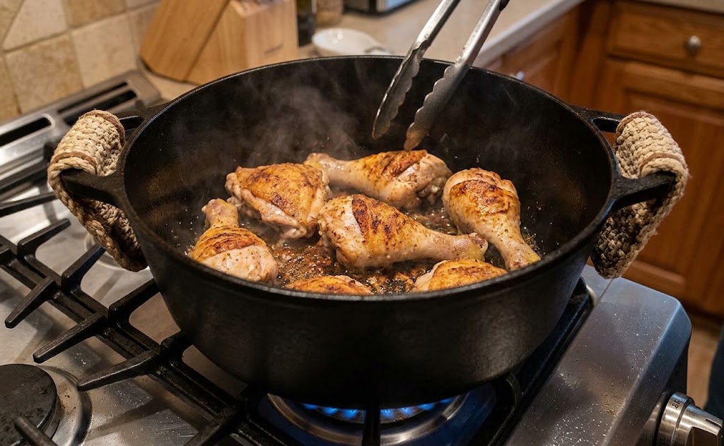 Brown the Chicken for making arroz con pollo