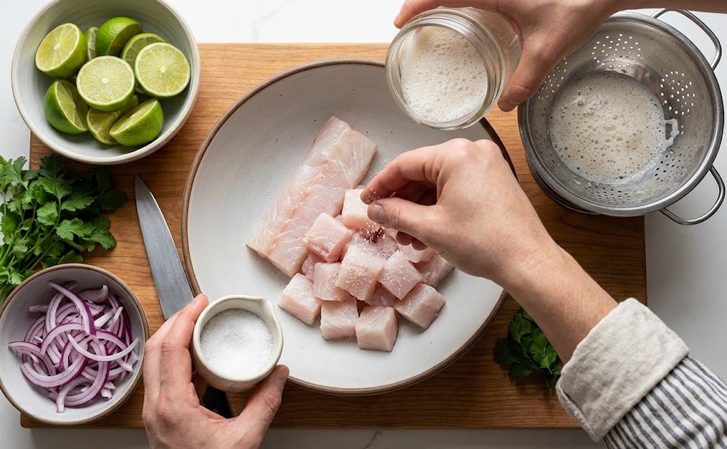 Take the chilled fish and season it lightly with salt.