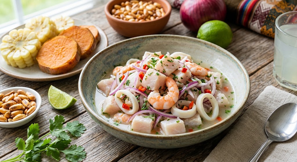 Ceviche Mixto is a Peruvian-style seafood dish