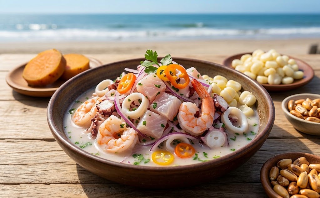 Ceviche mixto combines fish with seafood such as shrimp, squid, and octopus.