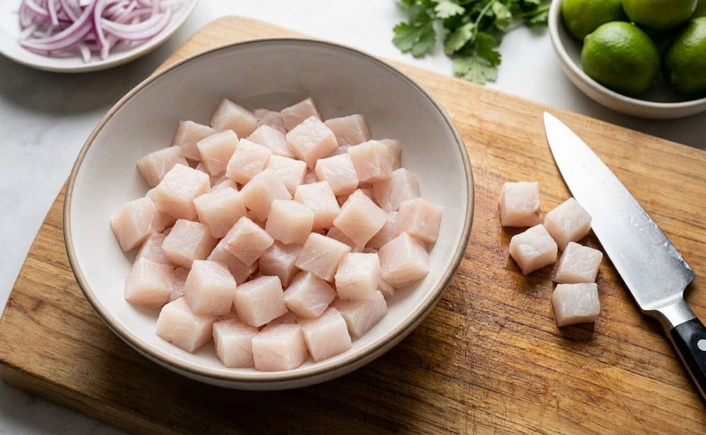 Place the cut fish in a clean glass or ceramic bowl