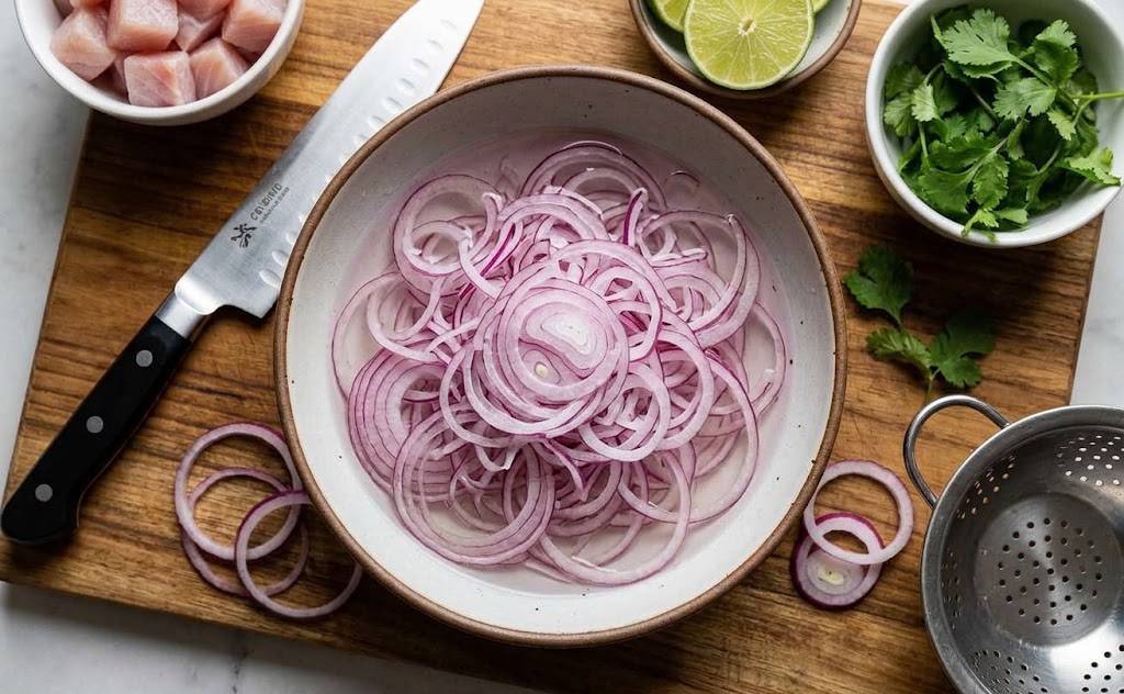 Slice the red onion as thinly as possible.