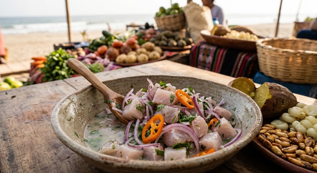 Peruvian ceviche is traditionally made with fresh white fish, lime juice, red onion, ají amarillo, cilantro, and salt