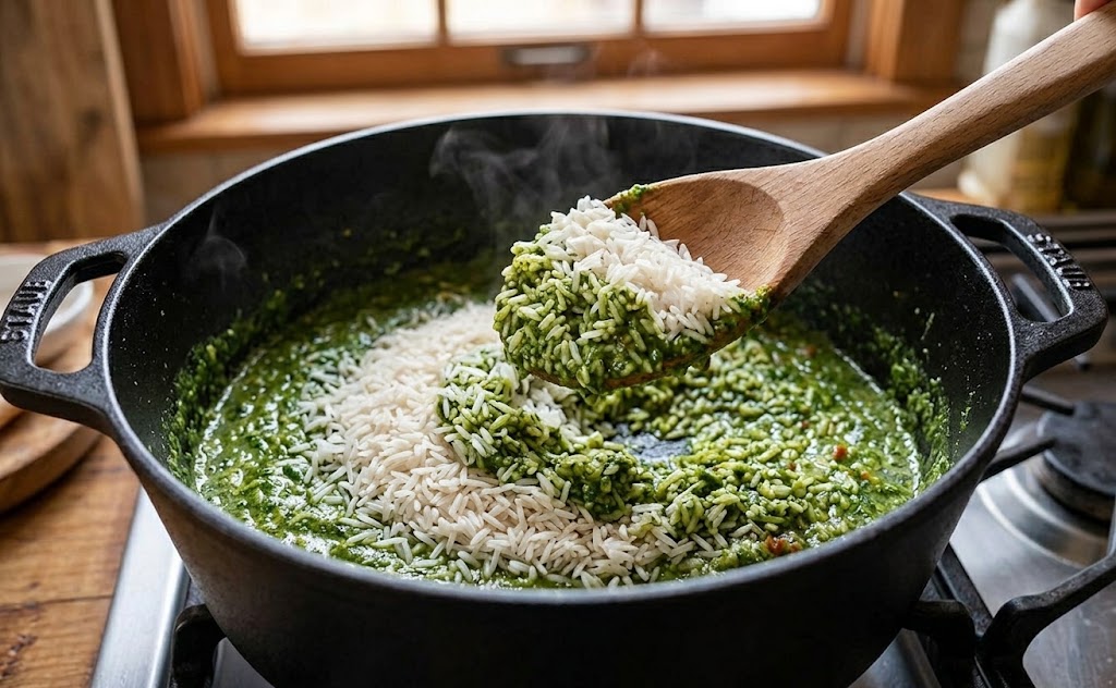 Add the rinsed rice to the pot and stir it through the cilantro mixture.