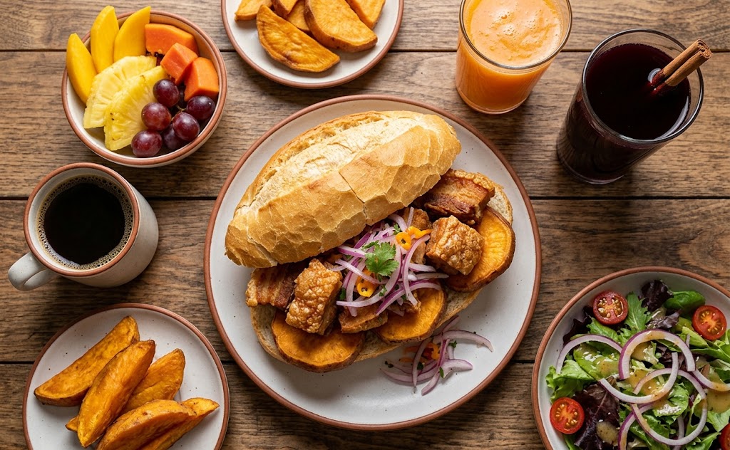 Pan con chicharrón sandwich with crispy pork and salsa criolla served with sweet potato fries, fruit, and chicha morada