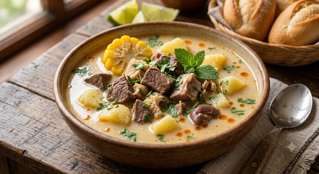 Chupe de Menudencias is a traditional Peruvian soup prepared with a variety of organ meats, vegetables,