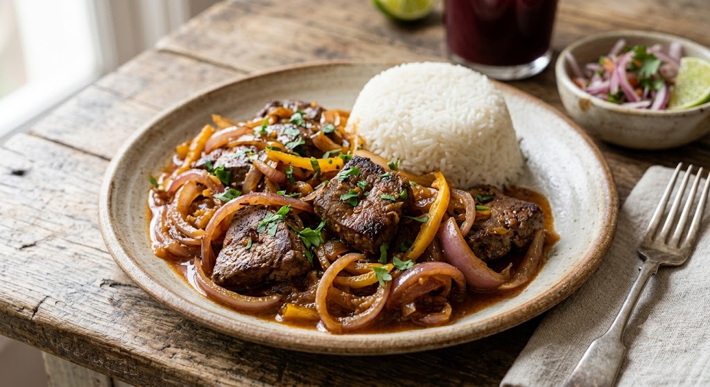 Higado Encebollado Peruano  Tender slices of beef liver are cooked with caramelized onions and mild Peruvian spices,