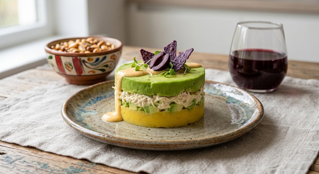 Causa Rellena is made with mashed potato layered with chicken or tuna filling
