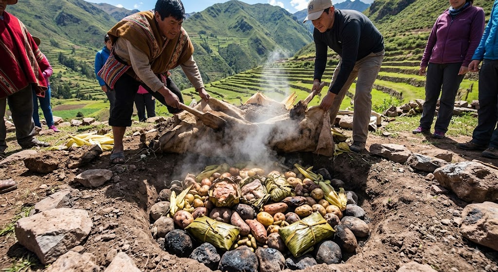An Andean method of cooking meat and vegetables underground with hot stones.