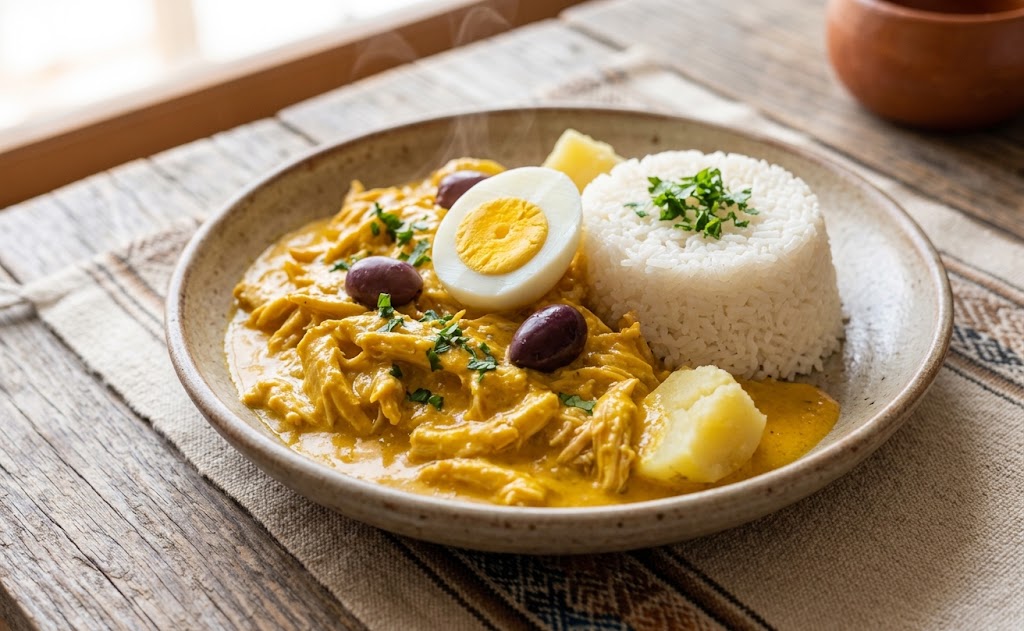 Ají de Gallina is a comforting Peruvian dish made with shredded chicken in a creamy sauce flavored with ají amarillo.