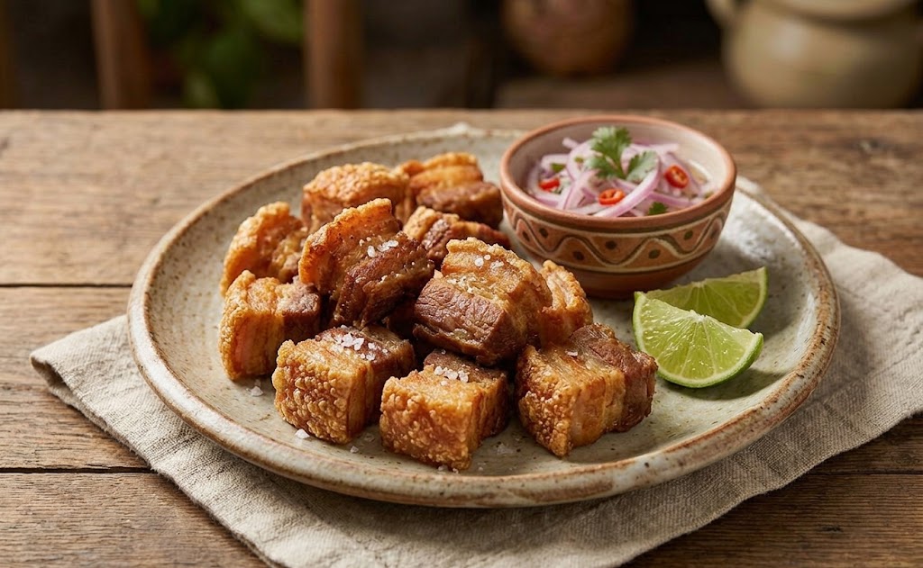Chicharrón is fried pork that is crispy on the outside and soft inside.