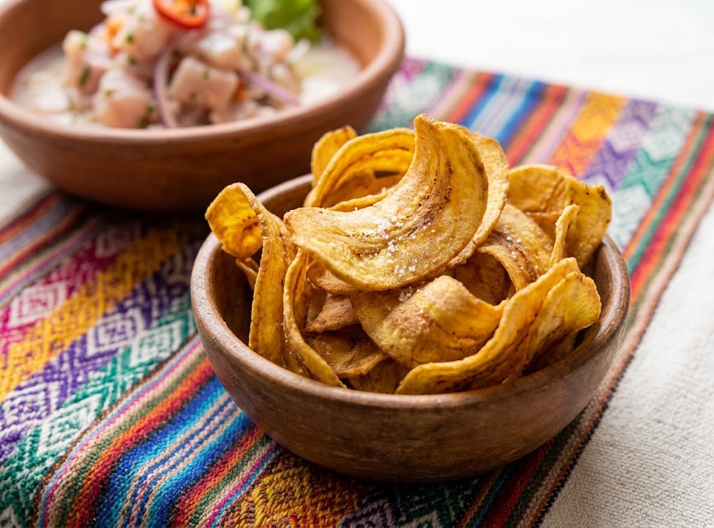Green plantain, sliced thin and fried until it snaps like a chip