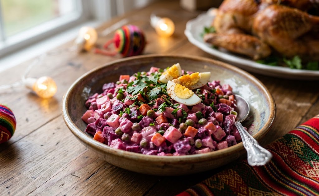 Ensalada rusa is a creamy vegetable salad