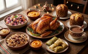 Peru food for Christmas brings together roasted meats, flavorful rice, fresh salads, sweet sides, panetón, and a warm cup of chocolate