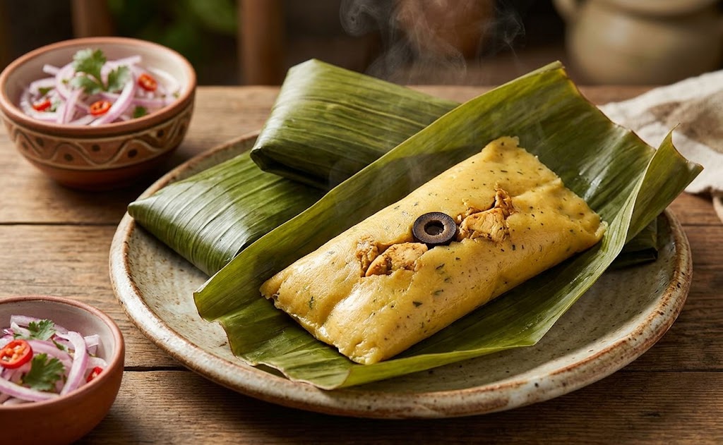 Tamales are made from corn dough filled with chicken, wrapped in corn husks, and steamed