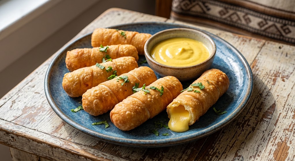 Thin strips of dough wrapped around a stick of cheese