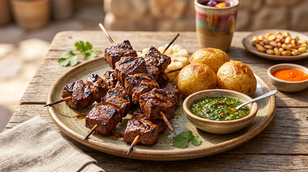 Anticuchos are grilled meat skewers.
