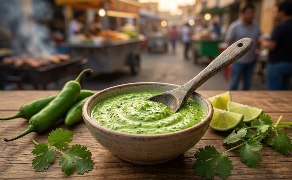 aji Verde is a bright green, slightly creamy sauce built from aji peppers, cilantro, garlic, and usually a bit of mayo or oil to bind it.