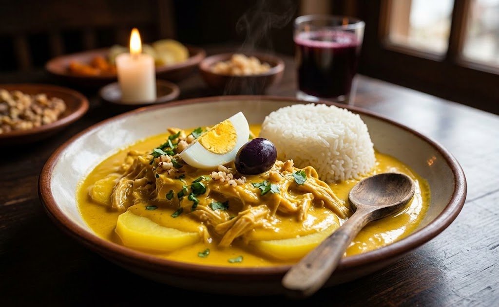 Ají de gallina is a creamy chicken dish made with shredded chicken