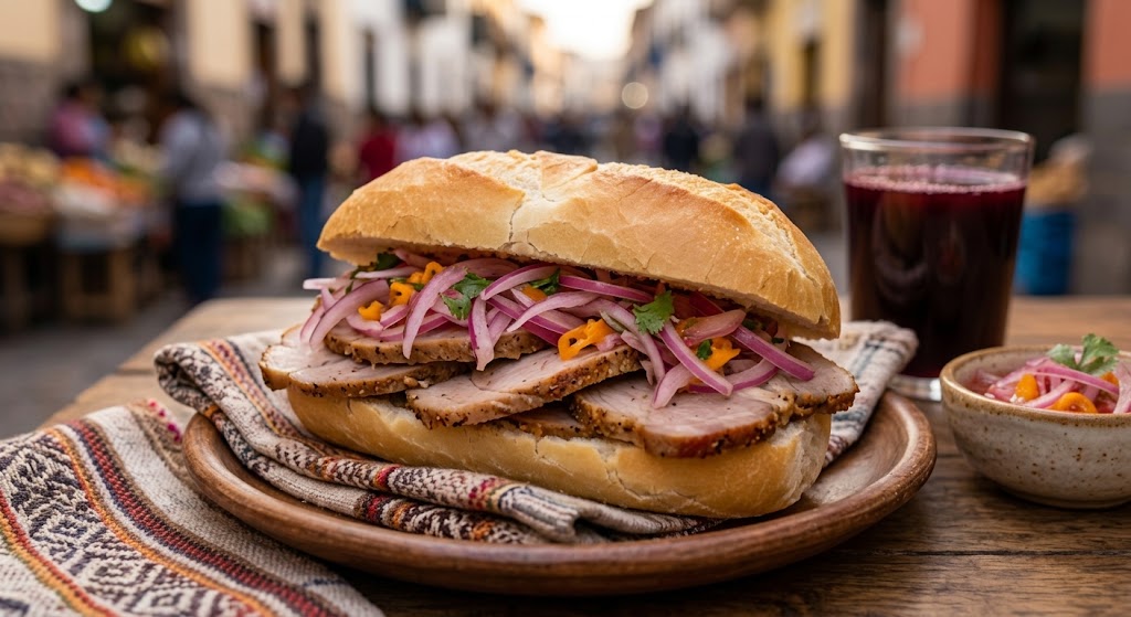 Butifarra sandwich with sliced roast pork and salsa criolla in a soft bread roll