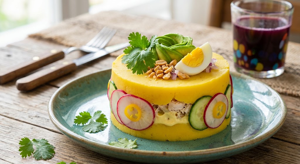 Causa is a colorful potato dish made with yellow potatoes, lime juice, and ají amarillo