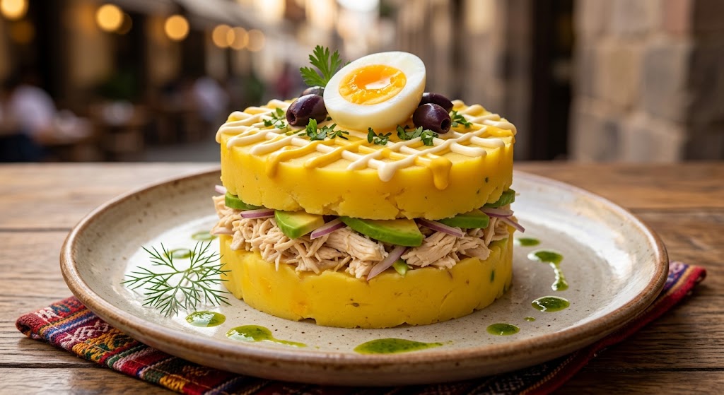 Causa Rellena layered with yellow mashed potato, avocado, and shredded chicken filling