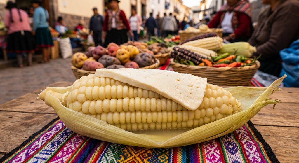 Boiled Peruvian choclo corn served with a slice of fresh cheese