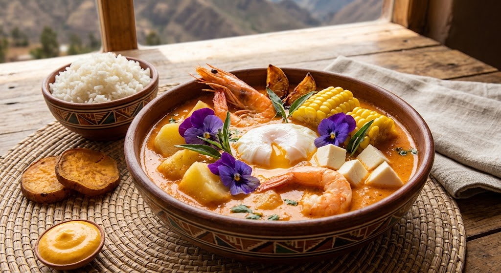 Chupe de camarones is a rich shrimp soup