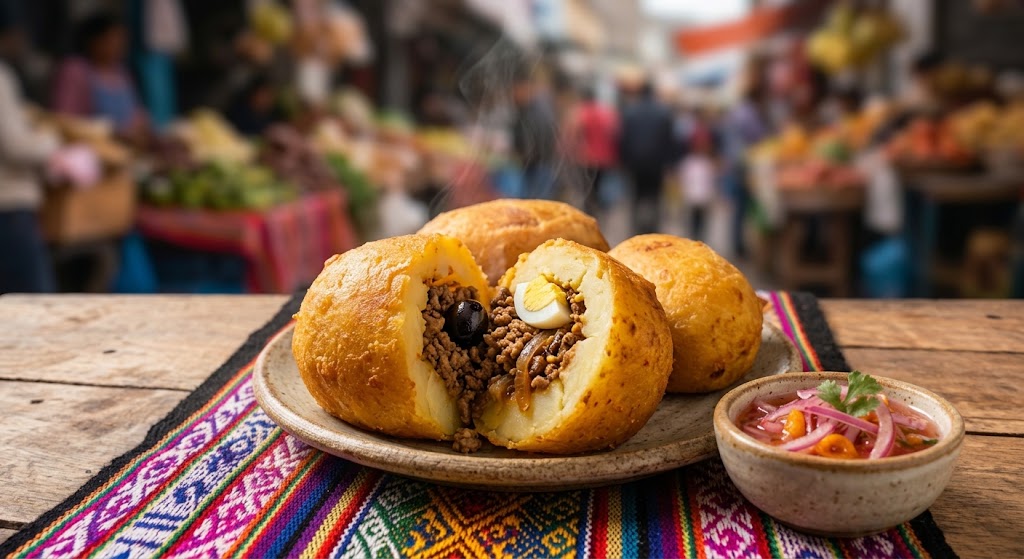 Crispy fried Papa Rellena stuffed with seasoned ground beef, olives, and egg