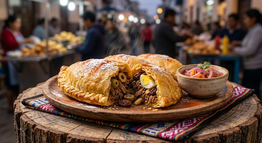 Golden baked Peruvian empanadas filled with seasoned meat and vegetables