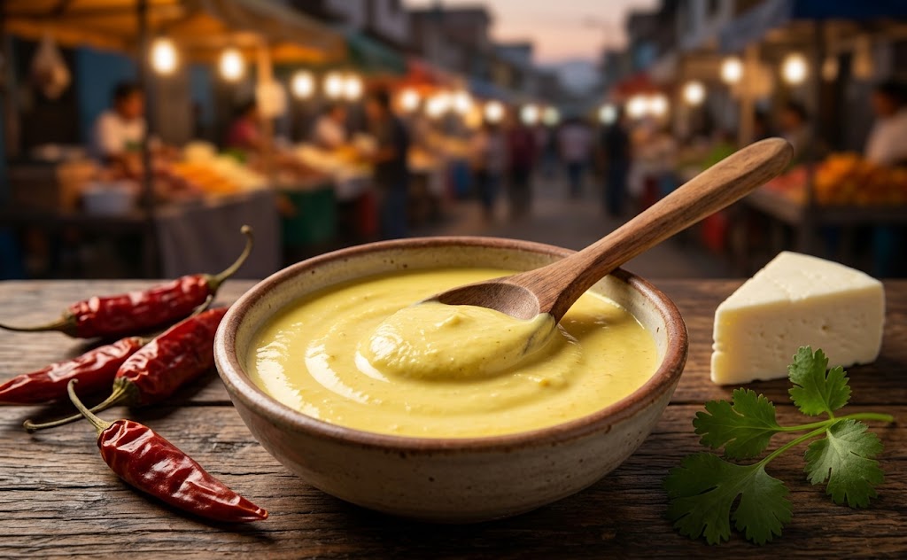Huancaína sauce, made from aji amarillo, fresh cheese, milk, and crackers to thicken it