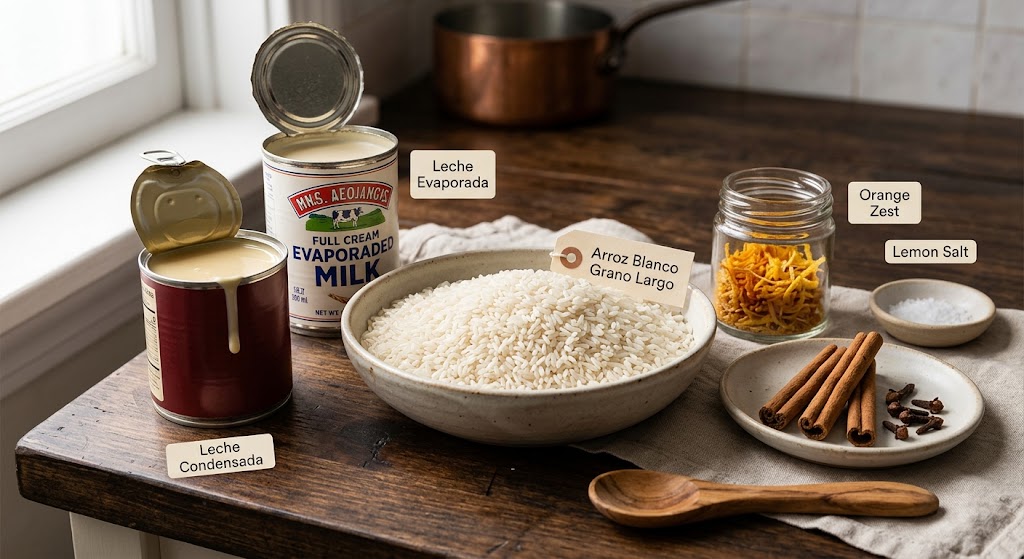 Ingredients for Arroz con Leche Peruano