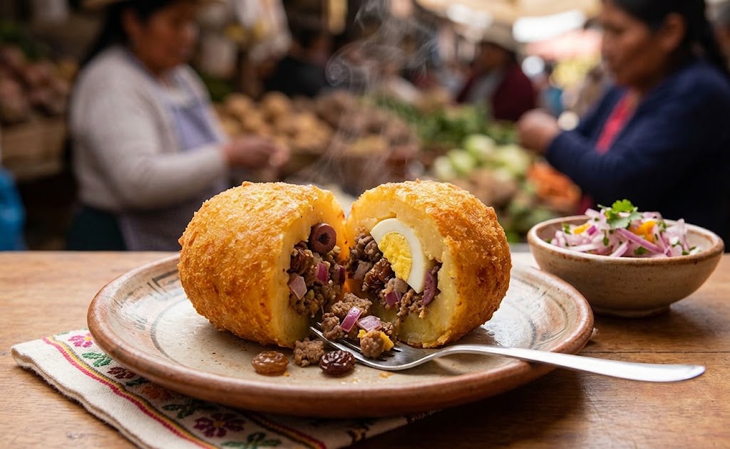 Papa rellena is made by wrapping a savory filling inside seasoned mashed potato