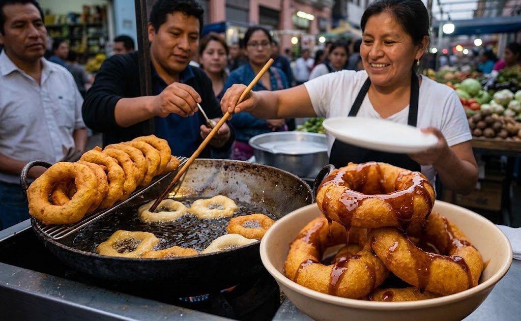 Picarones are deep-fried rings made from a mixture that commonly includes sweet potato and squash. 
